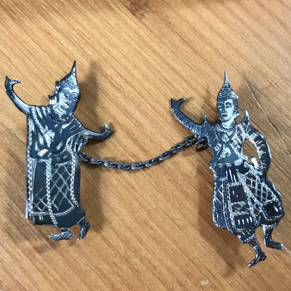 Thai Sterling Silver Siamese Dancers Brooch